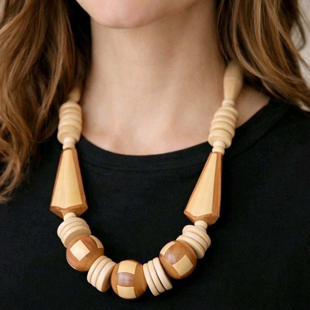 Vintage Tribal Inlaid Wood Beaded Necklace, 1980s Unusual Statement 26" br01-05